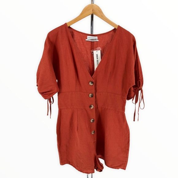 Urban Outfitters Lily Linen Blend Terra Cotta Short Sleeve Button Romper Medium - Picture 3 of 14